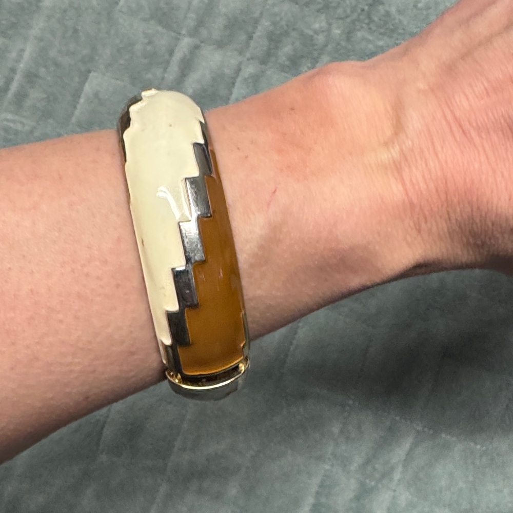 Vintage Enamel Hinged Bangle Bracelet, Silver, White, Brown, Zig-Zag Retro, Boho